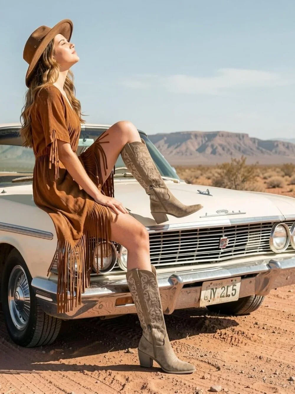 Women's Khaki Knee High Western Cowboy Boots with Embroidered Pointed Toe - Picture 2 of 6